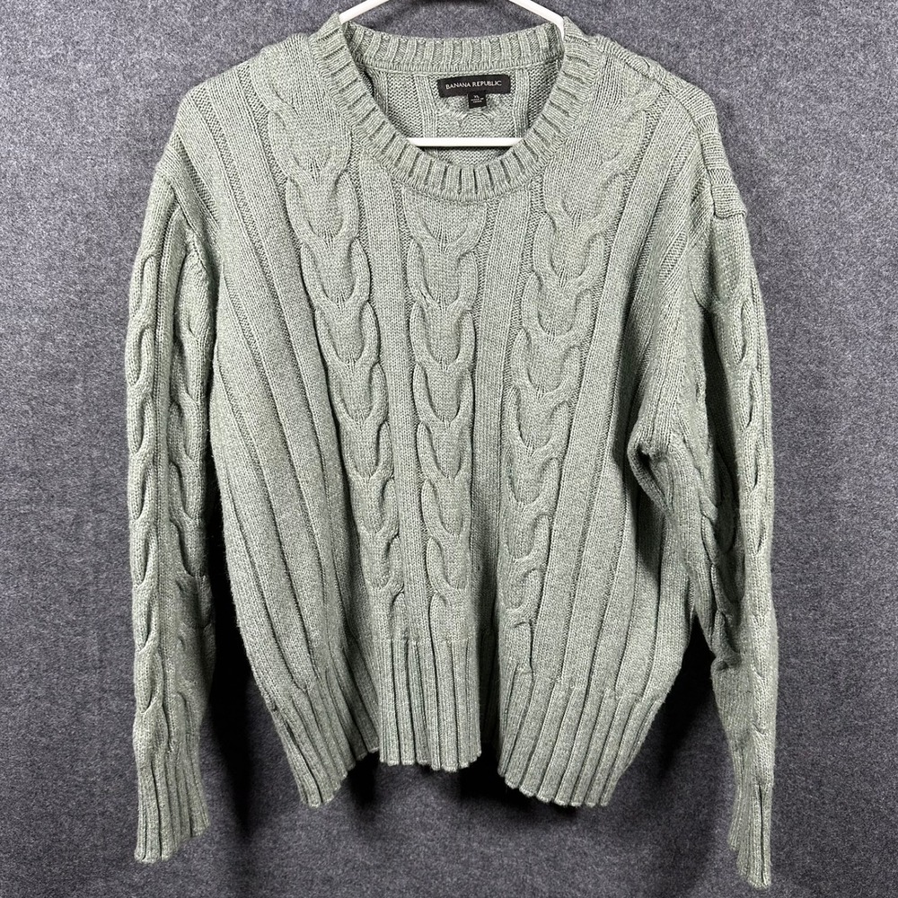 Banana Republic Sage Green Cable Knit Crewneck Sweater, Cozy & Classic, Size XL